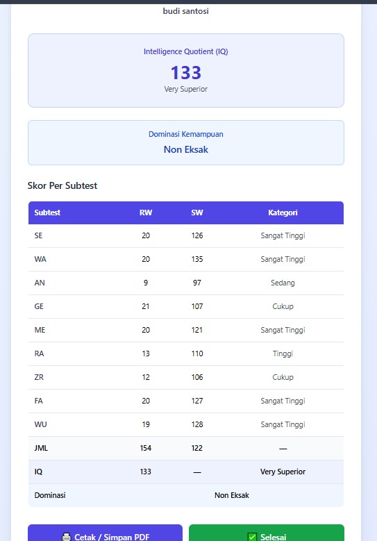 hasil test ist screen